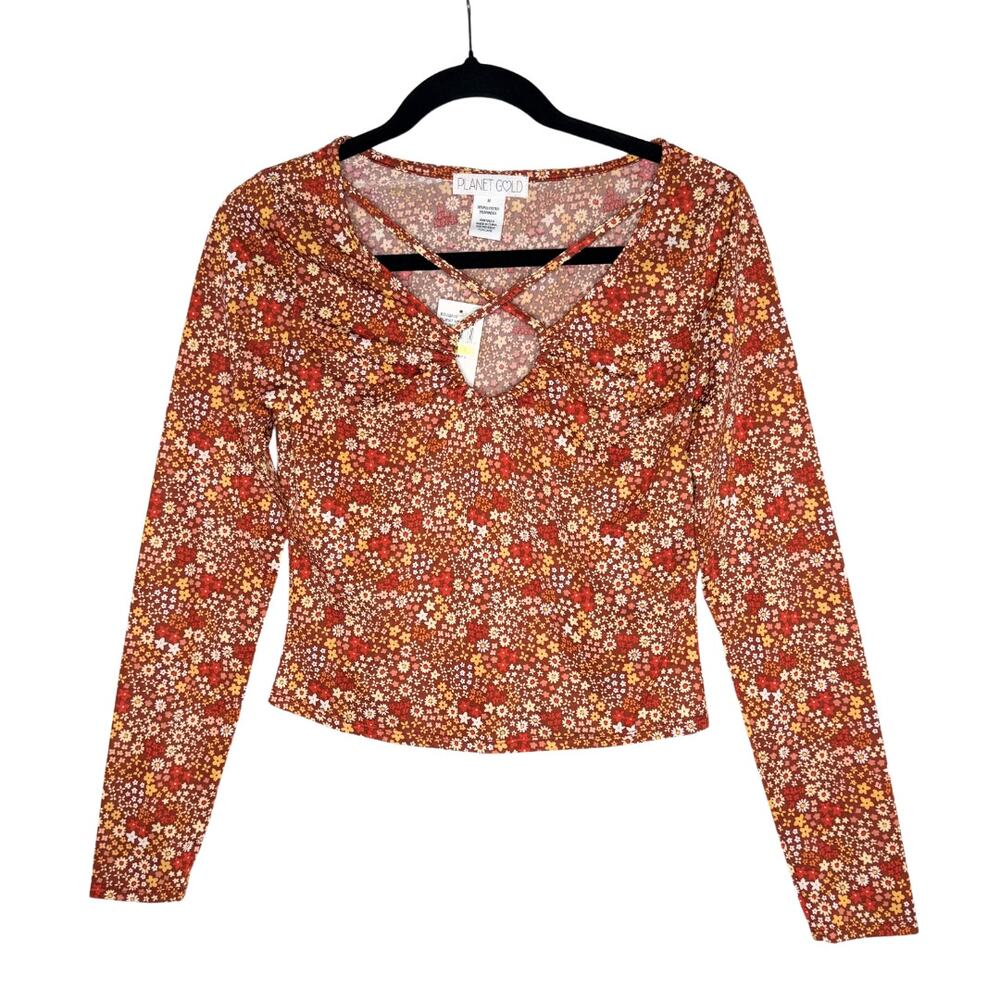 Planet Gold Floral Long Sleeve Criss Cross Crop Top Burnt Henna Medium Bohemian